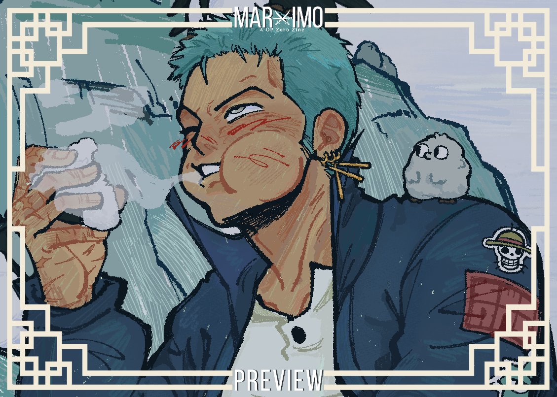 _sunclown_'s tweet photo. Zoro and his new friends 🐧🍙 preview  of  my  piece  for  marimo  zine!! https://t.co/MRNmoNktKY