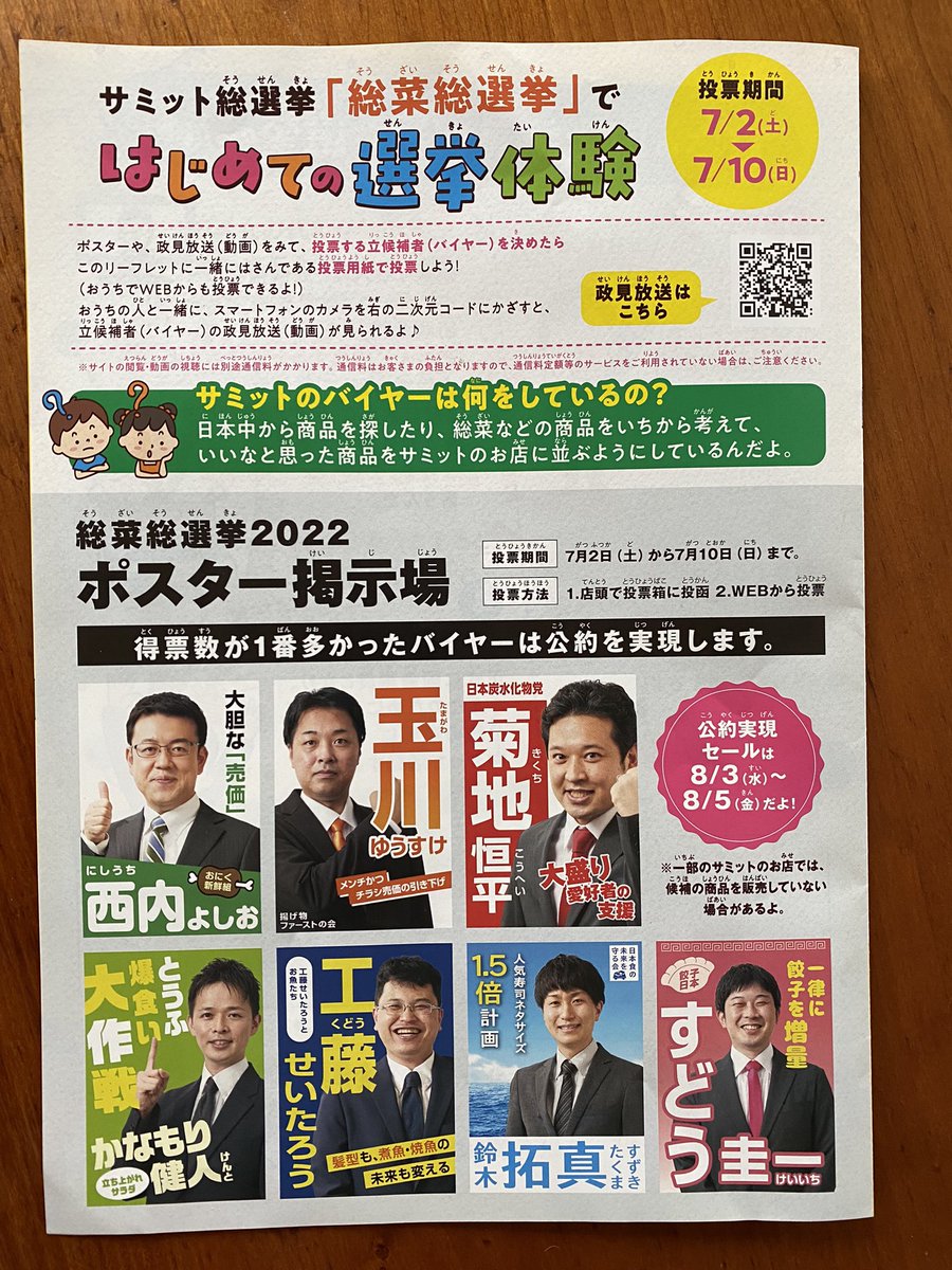 スーパーのサミット、参院選の時期に合わせて10日まで模擬選挙的な催しやってるんだけど、売り場に候補者ポスター貼り出したり、政見放送動画あったり、パンフに投票用紙ついてたりかなり作り込んでる。
投票用紙は丸付け方式&web投票も可能と、実際の選挙も見習ってほしい。

https://t.co/DR6WcViz2C 