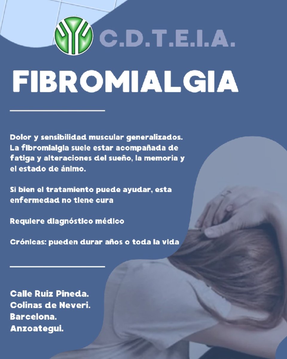 CDTEIACentro's tweet photo. El síndrome de fibromialgia (SFM) es una condición crónica con dolores generalizados, agotamiento profundo y otros síntomas. Se describe como un dolor de pies a cabeza. Afecta a los tejidos blandos del cuerpo. @CDTEIA 0424 8684410  #Lecheria #Barcelona https://t.co/v3655szkGU