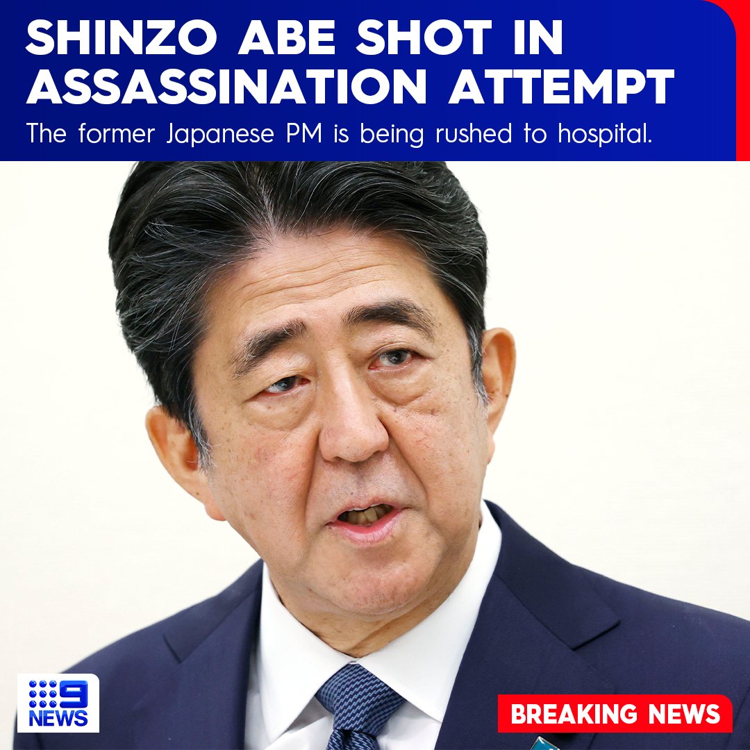 9NewsAUS's tweet photo. BREAKING: Shinzo Abe has been shot in the chest in an assassination attempt in Nara.

The former Japanese Prime Minister collapsed during an address to the public and was rushed to hospital, with local media reporting that a suspect in the shooting has been arrested. #9News https://t.co/6HDfDwkQcW