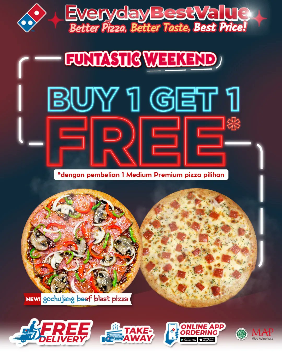 stil Gewoon Ongepast Domino's Pizza ID on Twitter: "It's Time for Buy 1 Get 1 FREE Pizza!! GRATIS  Medium Super Value Pizza untuk tiap pembelian Medium Pizza (NEW!! Gochujang  Beef Blast / American Cheeseburger /Meatzza,/