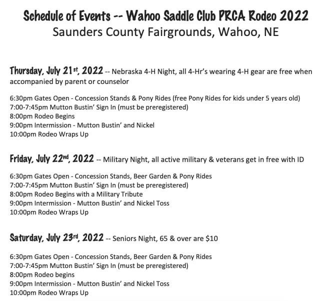 WahooPRCARodeo's tweet photo. 2️⃣ weeks until the chutes swing open at the 67th Annual Wahoo PRCA Rodeo! 

Here’s what to expect for the weekend. Gates open at 6:30pm nightly. See you soon in Wahoo, Nebraska! 🐴

@PRCA_ProRodeo | Championship Pro Rodeo | Saunders County Extension &amp; 4-H |Nebraska National Guard https://t.co/RVvnKkhhjV