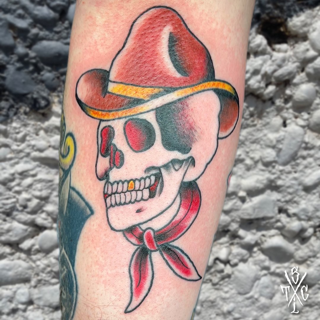 My traditional cowboy skull by Trevor Taylor at Liberty Tattoo Seattle  r tattoo
