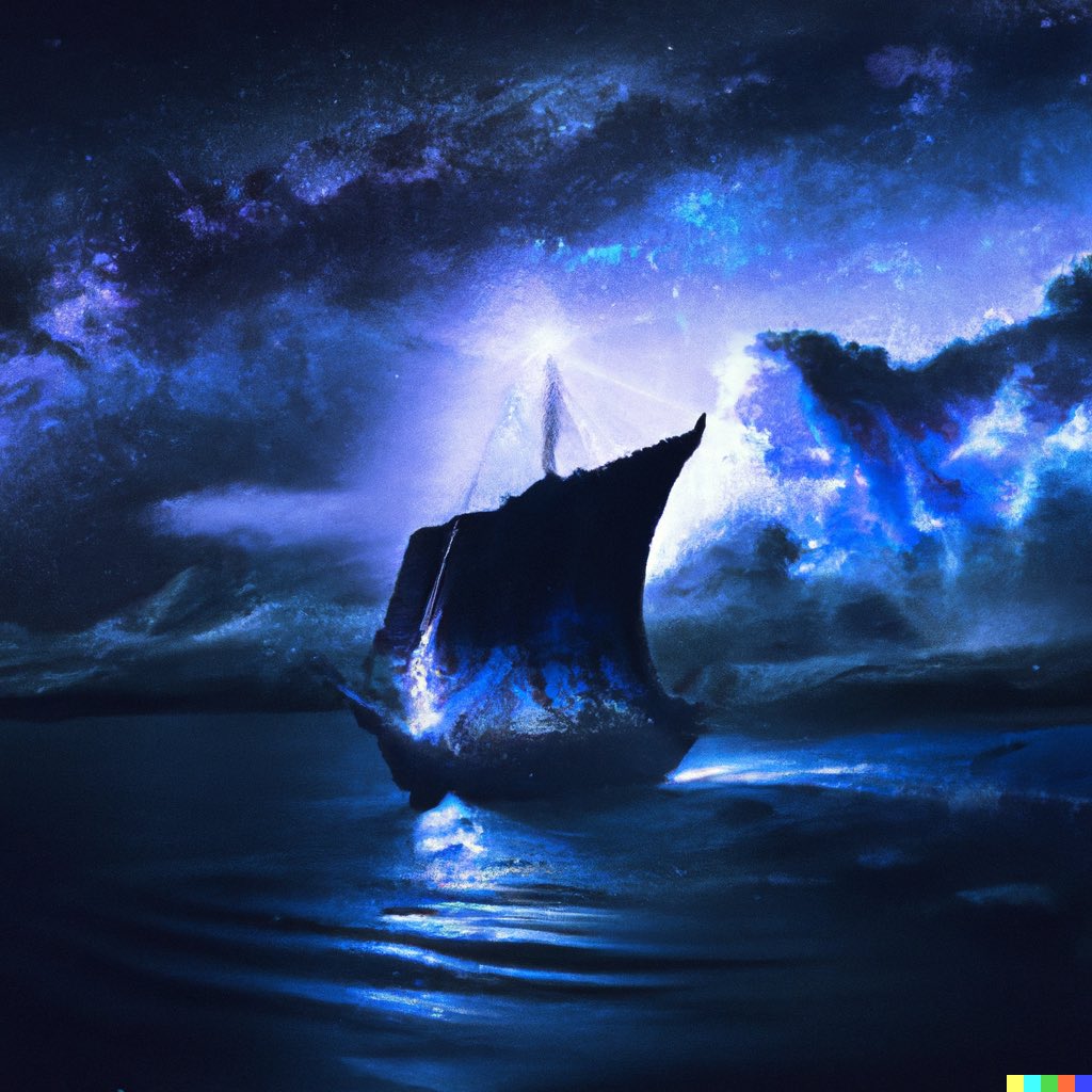 1SleeplessDoc's tweet photo. Fantasy boat sailing on luminescent sea at night beneath dramatic celestial sky, digital art #dalle https://t.co/dJVbA8Ab3y