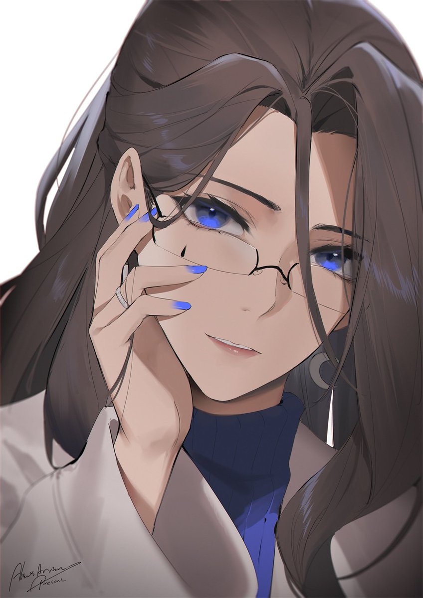 1girl solo blue eyes jewelry glasses long hair earrings  illustration images