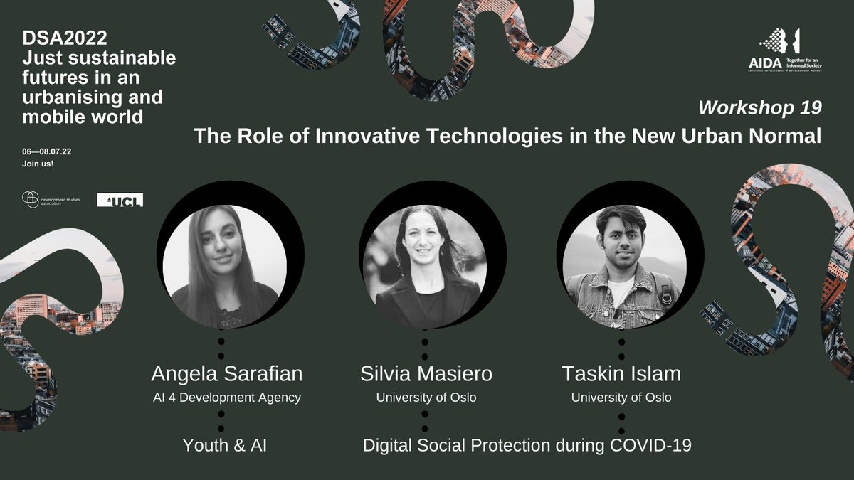 ai4development's tweet image. 📅 Join us today, Friday 8 July, 11:50-12:30 (UTC+1), at #DSA2022 for the AI4DA-hosted workshop on "The Role of Innovative Technologies in the New Urban Normal" w/ @AngelaSarafian @SilviaHedley &amp;amp; Taskin Islam
nomadit.co.uk/conference/dsa… 

#AI4development #TogetherForAnInformedSociety