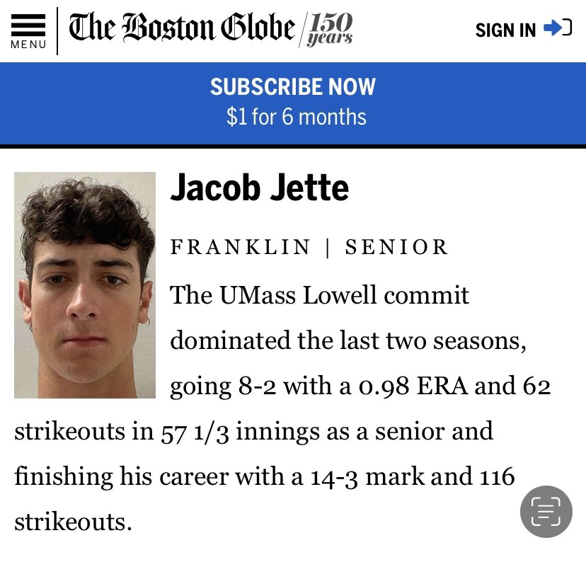 FHSCoachZBrown's tweet photo. Congrats to FHS’22 Capt. LHP Jacob Jette (@Jacobjette_) on being named a Boston Globe Spring 2022 Baseball All-Scholastic! Jacob had a phenomenal senior year (8-2, 0.98 ERA, 57.1inn, 38H, 8ER &amp; 62Ks! Jacob will compete next year at UMass-Lowell! Congrats, Jacob! #PantherPride https://t.co/cSo2DNlGor