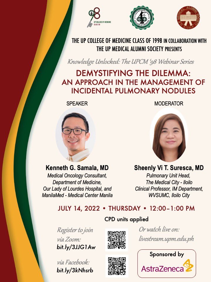 UPCM98's tweet photo. Join us on July 14 for a webinar on managing incidental pulmonary nodules, brought to you by UPCM '98..
Register at https://t.co/xymZQIaGYz to join via Zoom.
All healthcare professionals and students welcome!
@UPManilaOnline @sheenlyvi #UPCM98 #pulmonarynodule #incidental https://t.co/uR7cejDB8x
