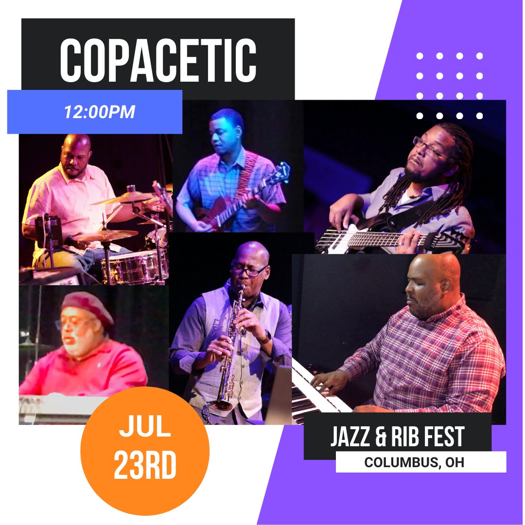 copaceticsound1's tweet photo. Excited to share that Copacetic will be performing on the Bicentennial Park Stage at the 2022 Columbus Jazz and Rib Festival on Saturday, Jul 23 @ 12:00pm. Hope to see our friends and fans there!  

https://t.co/YbcVoSnAmB

#copacetic  #SmoothJazz #copaceticsound #hotribscooljazz https://t.co/kiGxU6k7Uf