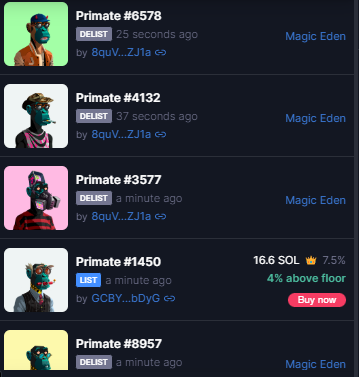 BeefyWeller's tweet photo. mass delisting happening for @Primatesnft https://t.co/MtlCMrVjrH