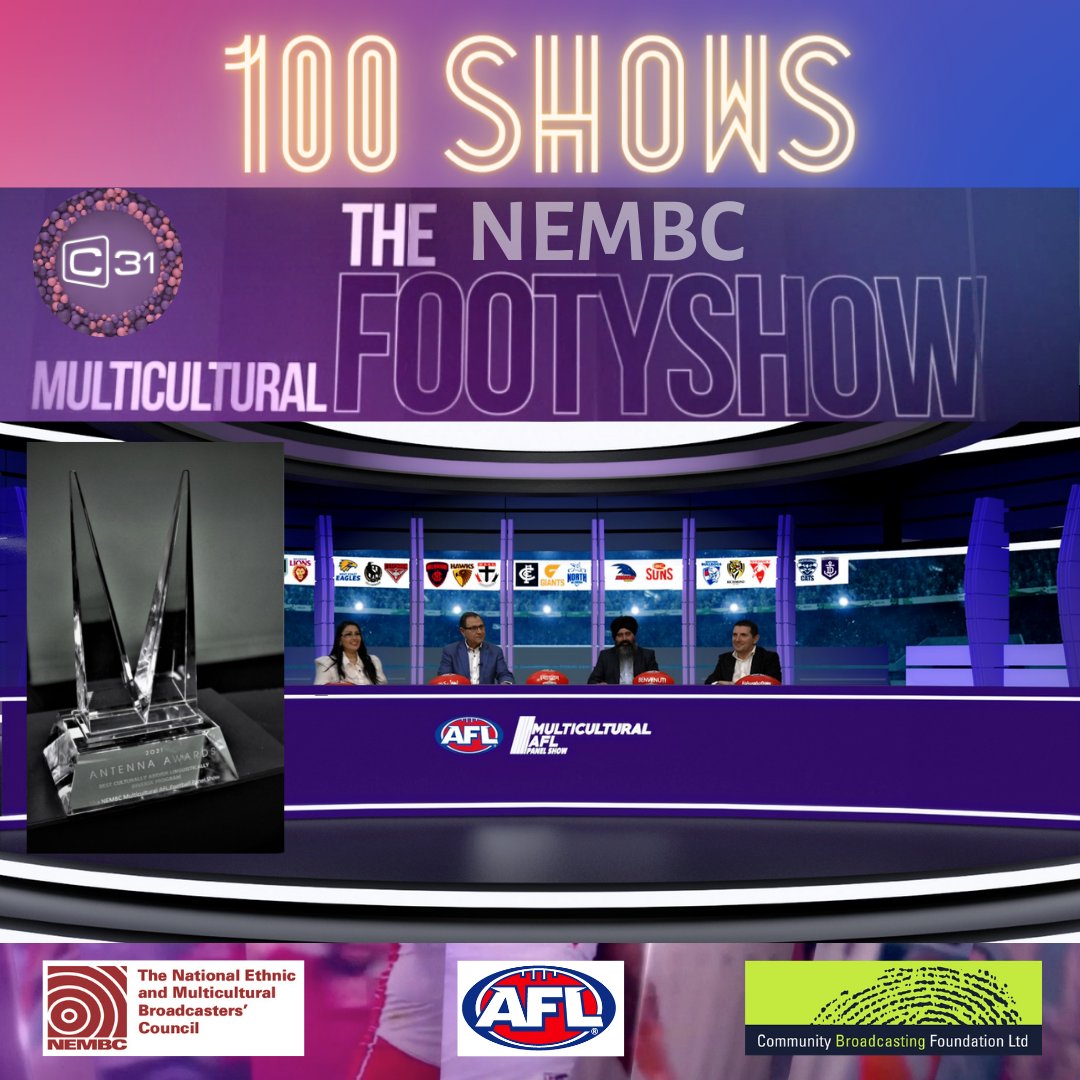 mvoicesau's tweet photo. THE MULTICULTURAL AFL FOOTY TV SHOW.
Celebrates its 100th episode Thursday evening 13th July 2022. The NEMBC’s Multicultural AFL Footy Show has been partnered since its inauguration by:@C31Melbourne, @AFLand, @CBFgrants
and airs on prime-time television. #afl #100shows https://t.co/l2hdpiTYM9
