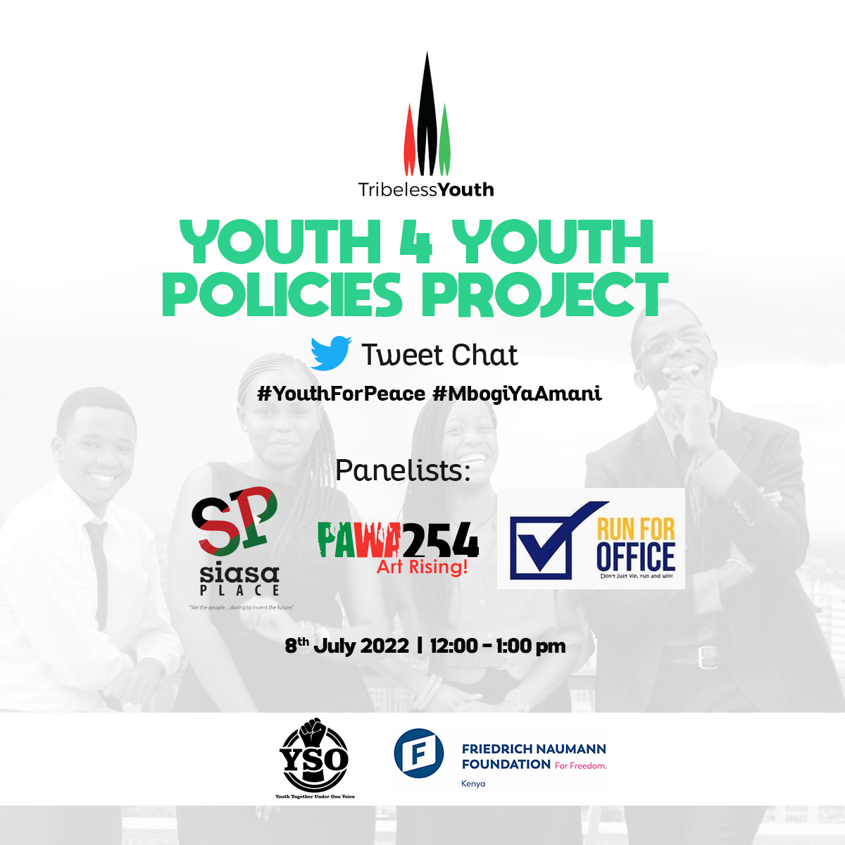 TribelessYouth's tweet photo. Happening today: Youth 4 Youth Twitterchat starting 12 noon to 1:00PM. The Role of Public institutions, Political Parties &amp; Citizens in guaranteeing a peaceful Election #YouthForPeace #FormNiKuvote #MbogiYaAmani @siasaplace @Pawa254 @runforofficeke @YouthServingKE @FNF_EastAfrica https://t.co/LWr8ukBcwG