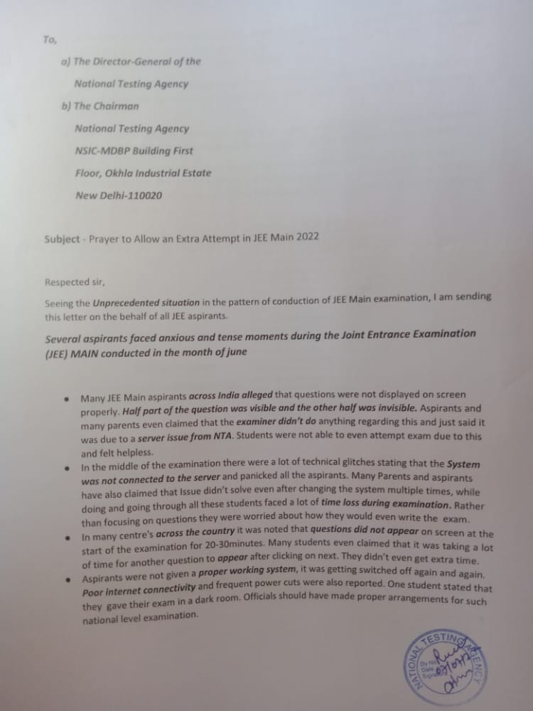 IamSaurav_1's tweet photo. Another representation submitted under our guidance by MD Sakheel Ji seeking for
#JEEMains2022ExtraAttempt at @EduMinOfIndia &amp; @DG_NTA. I req authorities to glimpse #JEEMains2022 Aspirants issues anon. Pushing authorities for relief too. https://t.co/JTDdgWSsmG