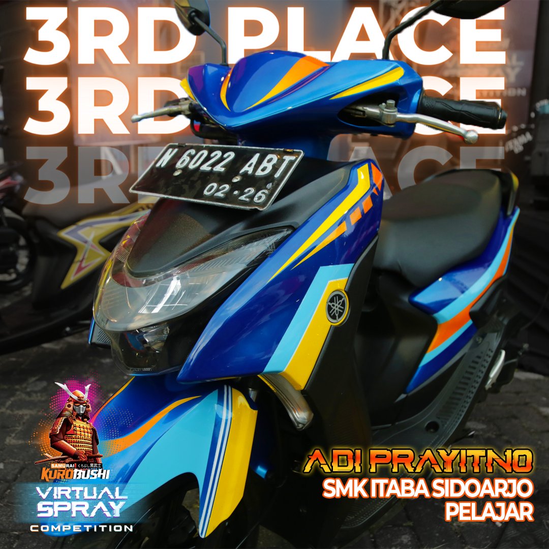 samurai_paint's tweet photo. Pelajar:
1. Jumali - SMKN 2 Gerung Lombok ( 1 Unit Motor NMAX )
2. Lucas Abdee Maulana - SMKN PGRI 1 Ngawi ( 1 Unit Motor FREEGO )
3. Adi Prayitno - SMK Itaba Sidoarjo ( 1 Unit Motor BEAT )
#samuraipaint #samuraivirtualspray https://t.co/KELC6gK2hZ