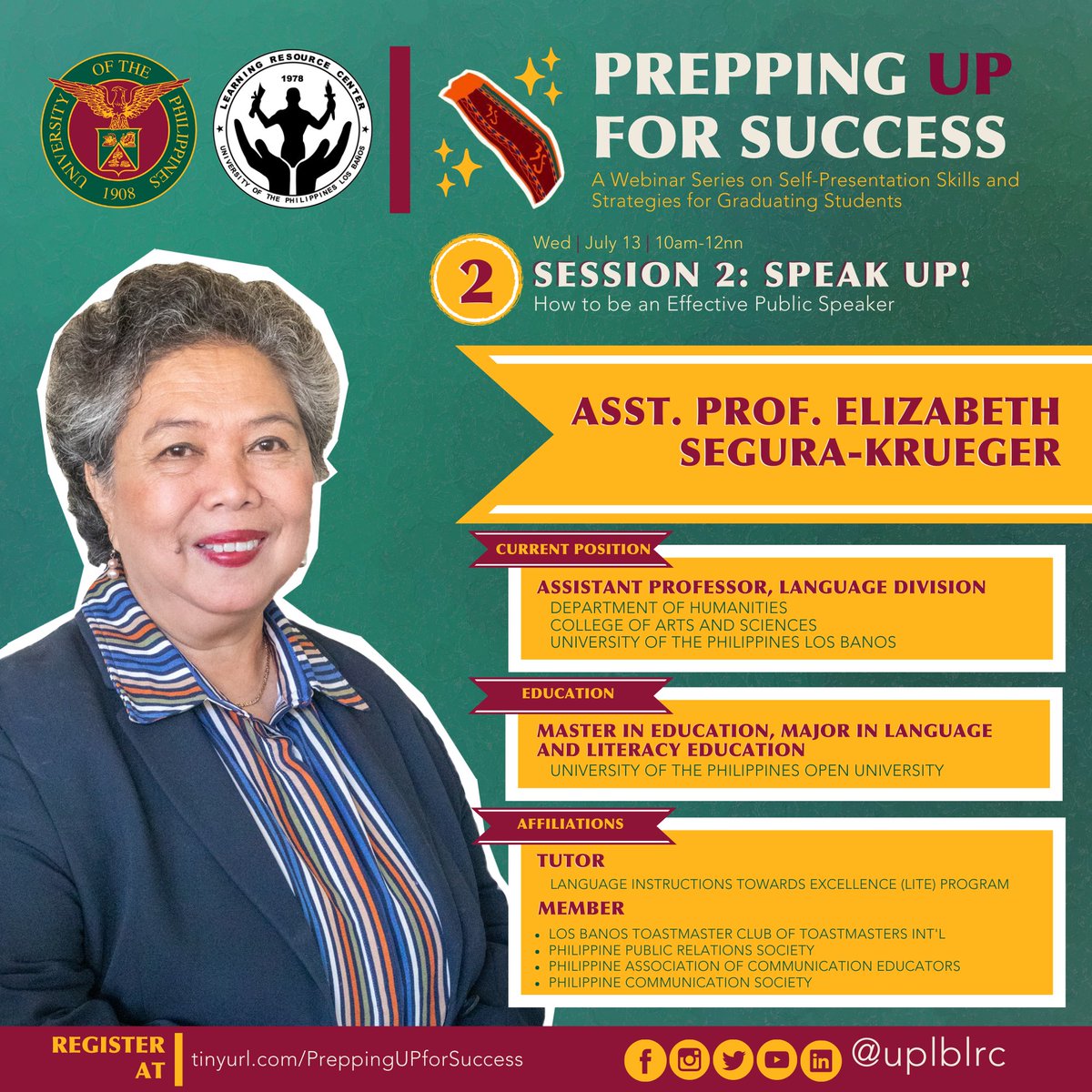 uplblrc's tweet photo. Learn some strategies on how to be an effective public speaker with Asst. Prof. Elizabeth Segura-Krueger, a Distinguished Toastmaster.

Haven't registered yet? 

Please register here: https://t.co/45YJ6gJxPH

#TeamLRC #LRCCares #PreppingUPforSuccess #SpeakUP https://t.co/1BDM50BV36