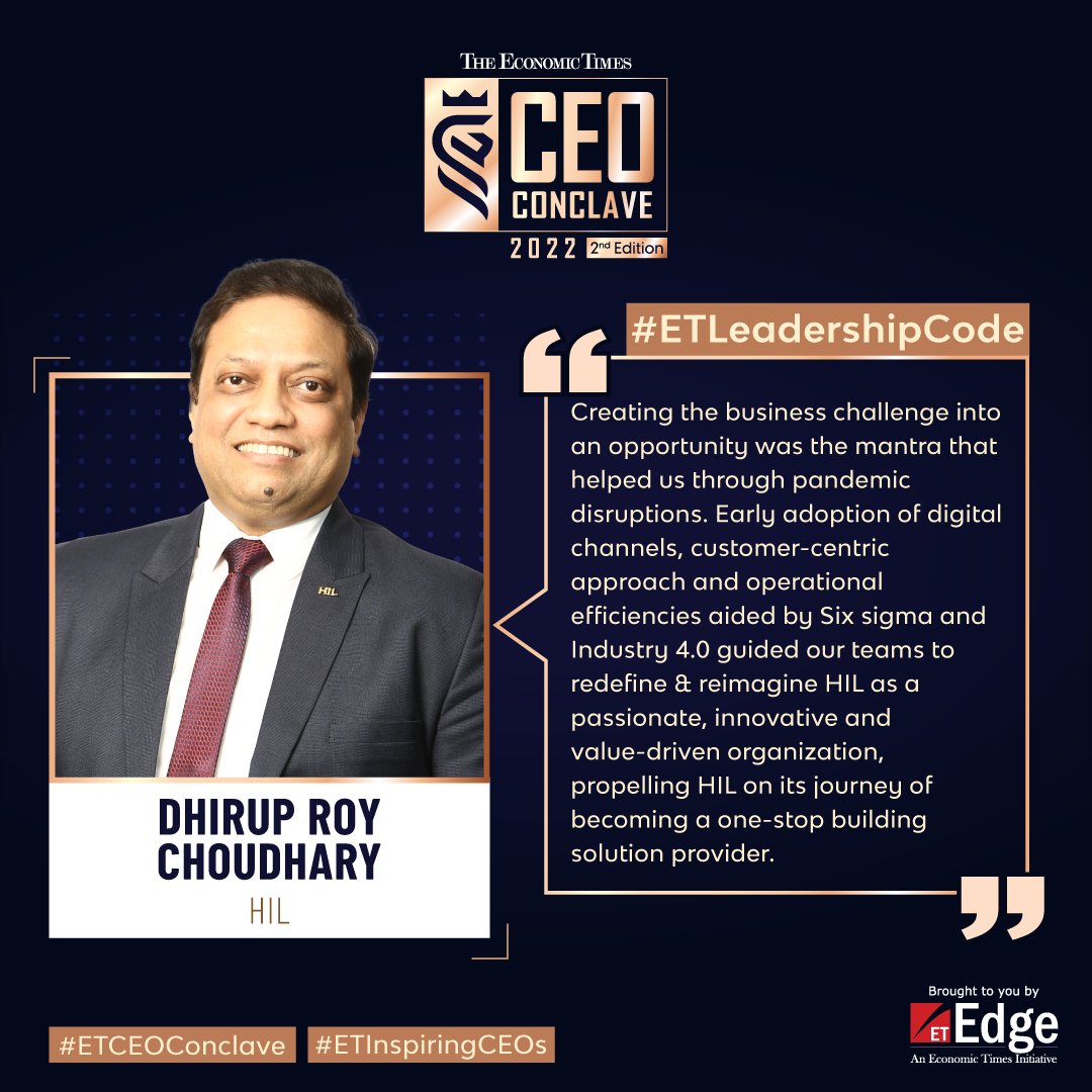 ET_Edge's tweet photo. #ETCEOConclave | Here’s an #ETLeadershipCode from Dhirup Roy Choudhary, Managing Director & CEO, @HILLimited. Hearty congratulations to you for being one of the #ETInspiringCEOs 2022.
#ETCEOConclave2022 #ETEdge #ETUnWired #CEOs #success #Congratulations #Delhi https://t.co/MujaSp84Pk
