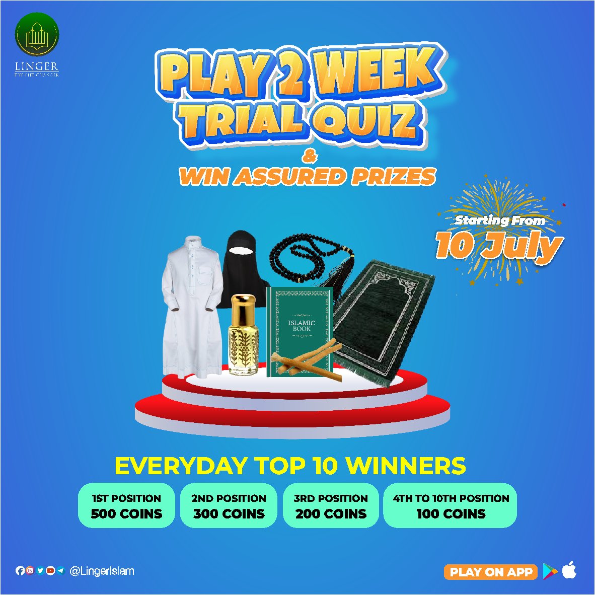 MillatCo's tweet image. Get Ready for the QUIZ NOW !! Learn, Play &amp;amp; Win 

Play 2 Week Trial Quiz &amp;amp; WIN Assured Prizes 🎖️🎁 | Starting from 10th July 

Download the App Now to Play Quiz 👉 - bit.ly/LingerIslam 

#LingerIslam #LingerApp