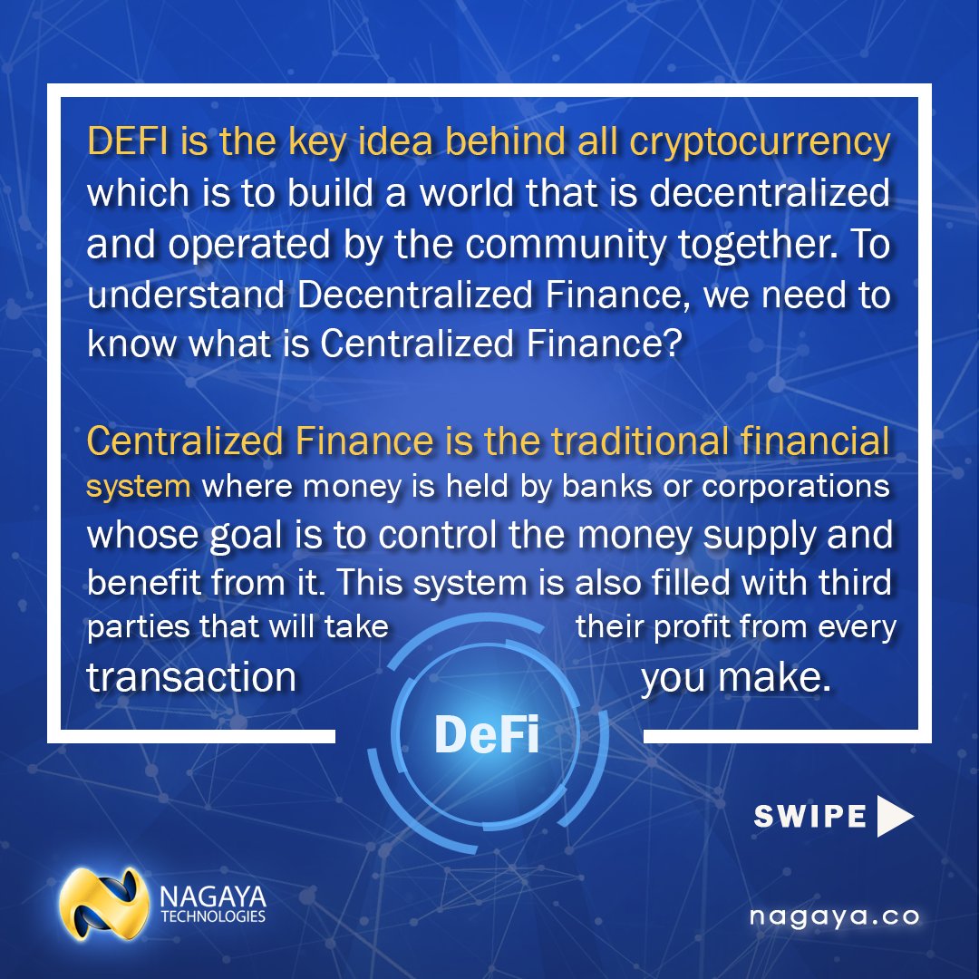 NagayaOfficial's tweet photo. As we enters a digital era, DEFI is playing an important role in facilitating and building a truly decentralized world. Do you know what DEFI is and how does it works? Swipe Left to find out!

#NAGAYA #HYBRIDCRYPTO #HODL #ToTheMoon #cryptocurrencies #ICO https://t.co/UqUQjjrpor
