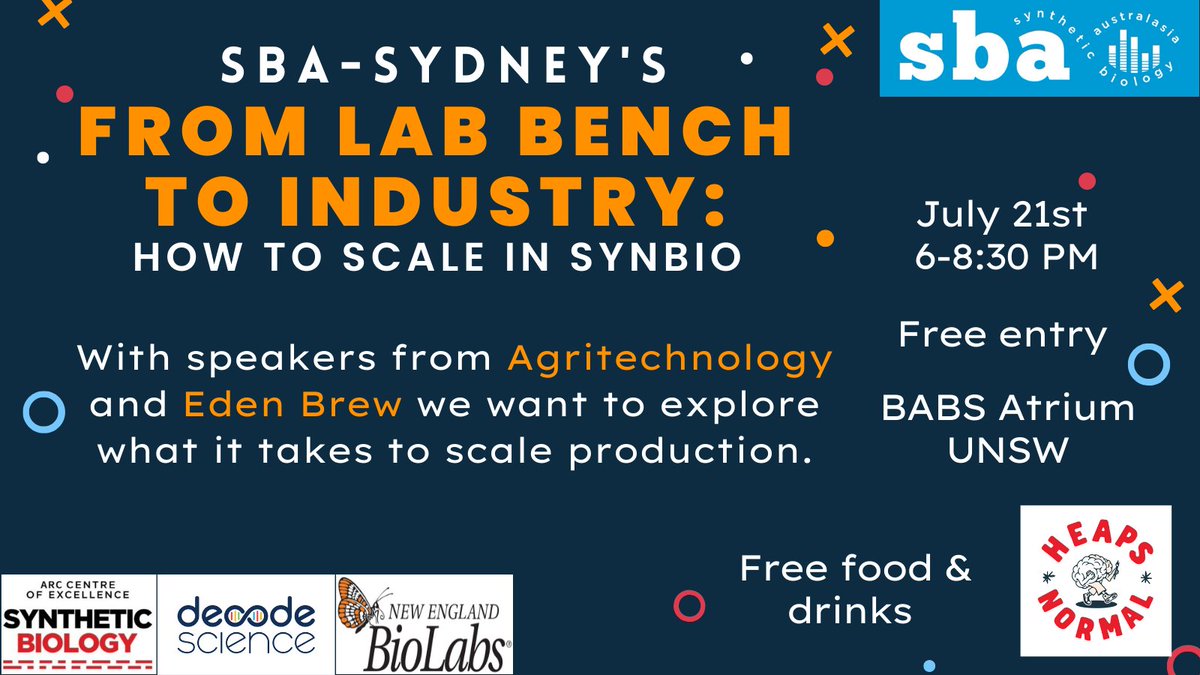 <a href="/SBASydney/">SBA-Sydney</a> Meet-up!

“From Lab bench to industry: How to scale in #SynBio”

With talks from Agritechnology and <a href="/EdenBrewDairy/">Eden Brew | Animal-Free Dairy 🌏🥛</a>, join us for a night about the future of #Food &amp; #Fermentation!

Free rego: eventbrite.com.au/e/from-lab-ben…

incl. non-alcoholic beers sponsored by <a href="/heapsnormal/">Andy Miller @ Heaps Normal</a>