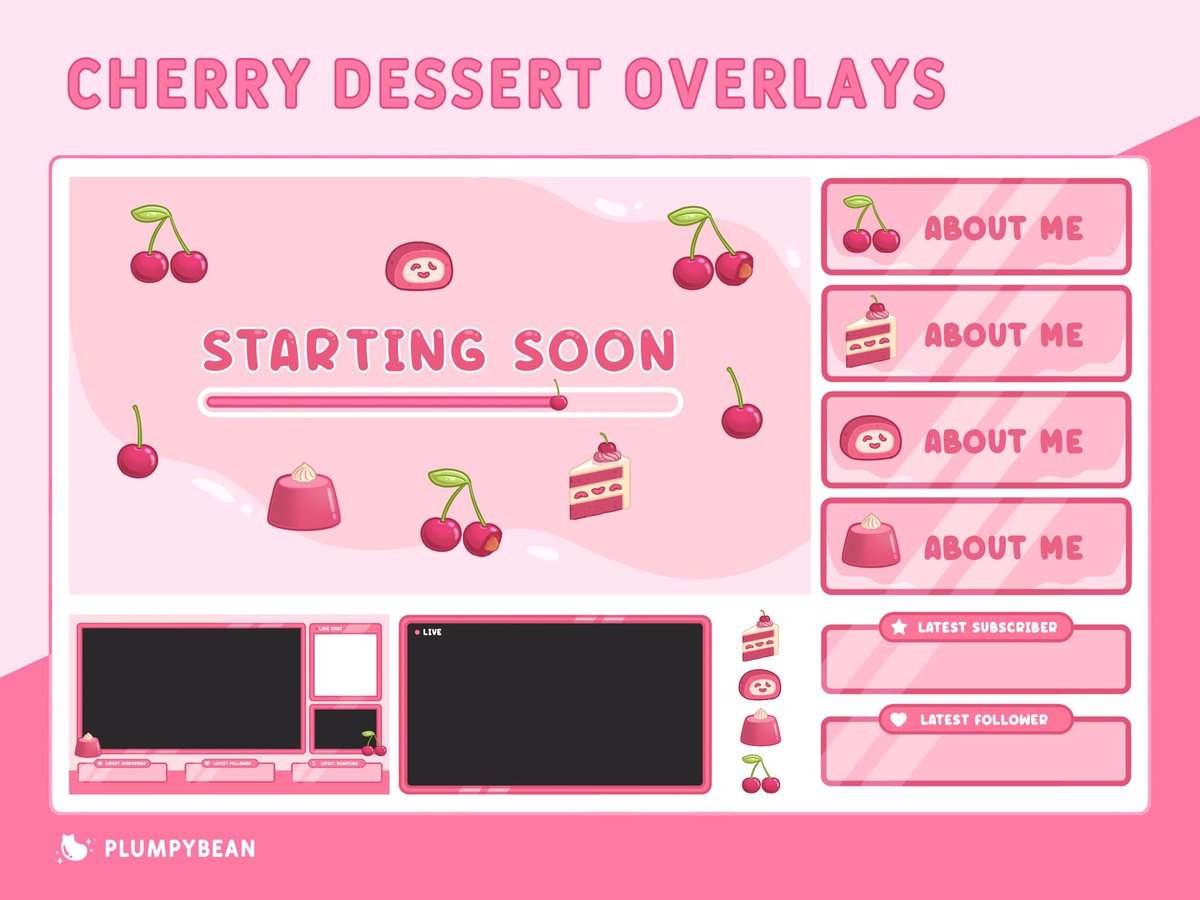PlumpyBean's tweet image. TWITCH STREAM OVERLAY PRE-MADE PACK - Cherry Dessert 🍒✨

Available on my Etsy!

etsy.com/shop/PlumpyBean