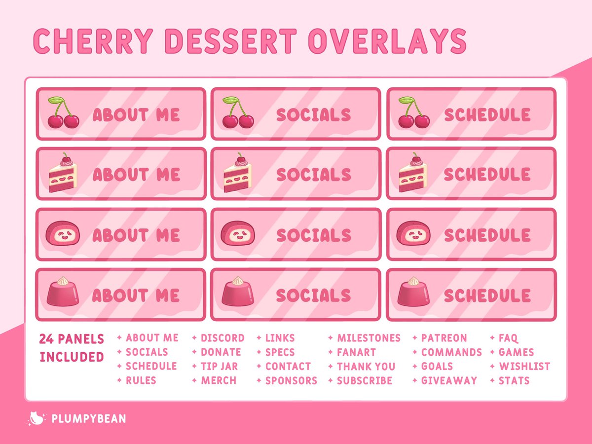 PlumpyBean's tweet image. TWITCH STREAM OVERLAY PRE-MADE PACK - Cherry Dessert 🍒✨

Available on my Etsy!

etsy.com/shop/PlumpyBean