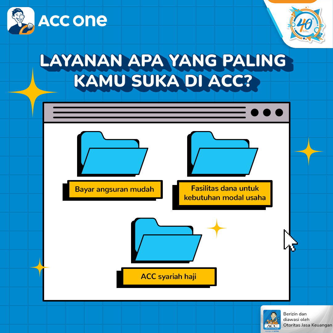 acconeid's tweet photo. Menjelang hari ulang tahun ACC yang ke-40, ACC penasaran nih dari berbagai macam layanan ACC yang tersedia, Sobat ACC paling suka layanan apa aja sih?
Tulis dong di kolom comment!
#ACCWujudkanImpian
#KreditMudahDenganACC
#40thACC https://t.co/3d2vD6P12W
