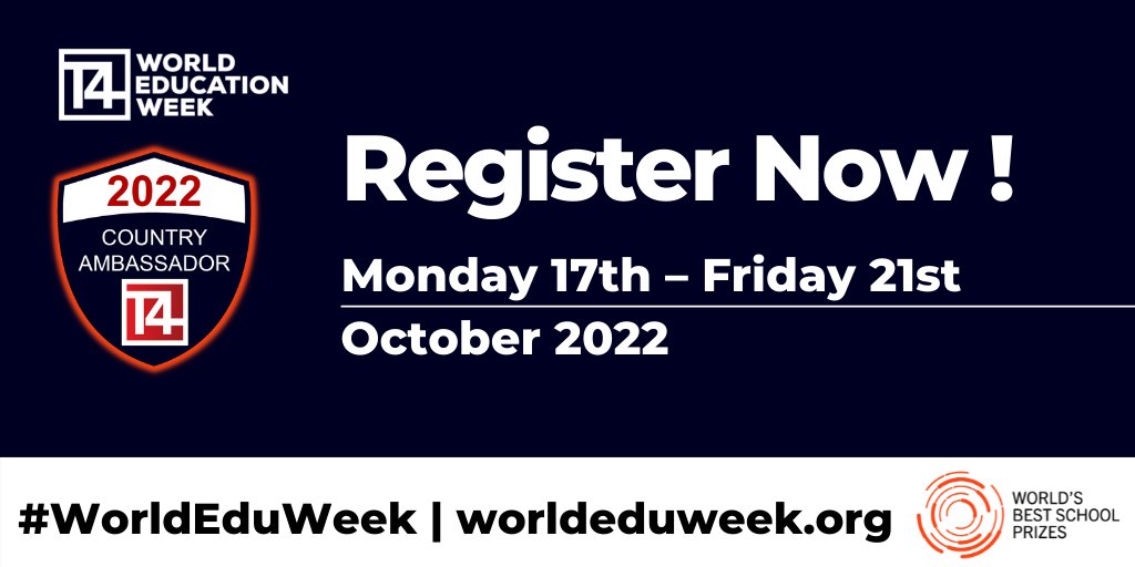GREAT NEWS !  T4 invites teachers globally, to register and learn from the expertise of their Top 10 schools during World's Education Week. To Register, click on: eu1.hubs.ly/H014nCS0  #WorldEduWeek #T4Education #StrongSchool #BestSchoolPrize #T4EduChatEn #T4Conf <a href="/VikasPota/">Vikas Pota</a>
