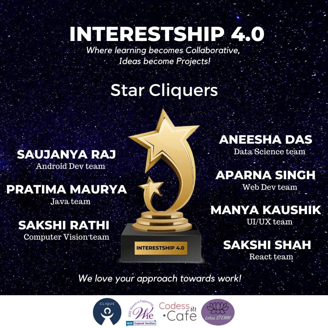 Kudos to the #Star_Cliquers for #Interestship 4.0 program🎉

All the #women_participants have welcomed the event with open arms and thereby based upon their problem solving approach, attendance and #project ownership,
We are hereby delighted to announce the Star Cliquers💫