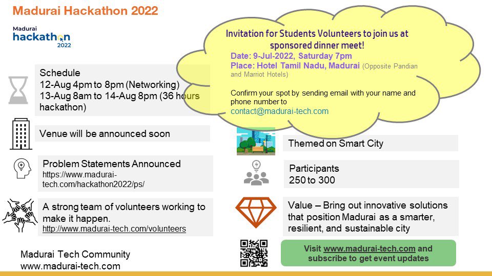 Maduraikarandaa's tweet image. Interested in volunteering
Madurai&apos;s biggest Hackathon event.
Register through contact@madurai-tech.com
#MaduraiHackathon2022 #Madurai #hackathon2022 #tech #event
