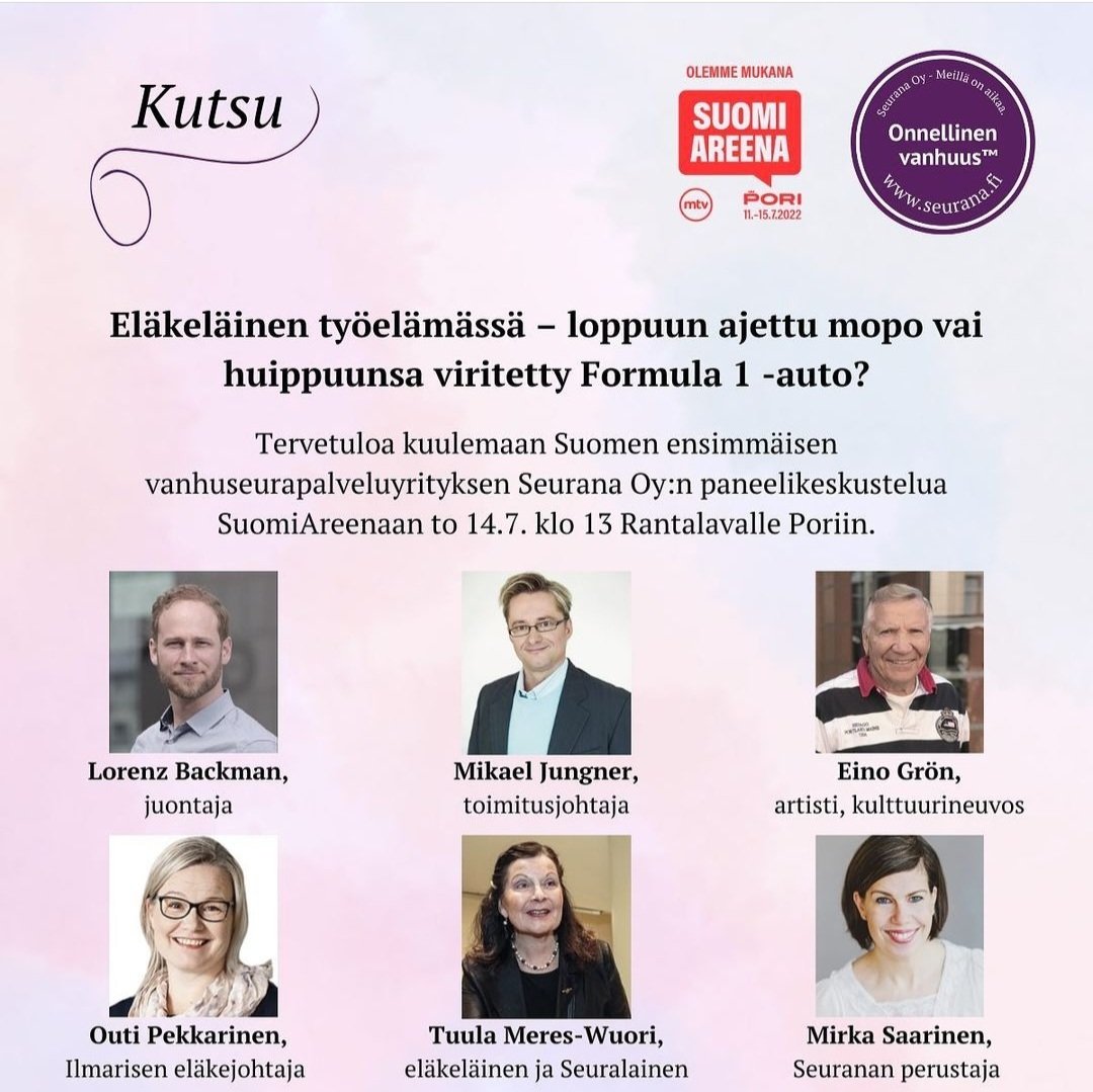 Seurana Oy (@seuranaoy) on Twitter photo <a href="/SeuranaOy/">Seurana Oy</a> <a href="/SuomiAreena/">SuomiAreena</a> 11.-15.7. Tervetuloa osastollemme Etelärantaan ja kuulemaan keskusteluamme Rantalavalle 14.7 klo 13. Mukana artisti Eino Grön, juontajana Lorenz Backman, Seuranan <a href="/MirkaSaarinen/">Mirka Saarinen</a>, toimitusjohtaja <a href="/MikaelJungner/">Mikael Jungner</a>, <a href="/ilmarinen_tweet/">Ilmarinen</a> eläkejohtaja <a href="/OutiPekkarinen/">Outi Pekkarinen</a> <a href="/SeuranaOy/">Seurana Oy</a> <a href="/SuomiAreena/">SuomiAreena</a> 11.-15.7. Tervetuloa osastollemme Etelärantaan ja kuulemaan keskusteluamme Rantalavalle 14.7 klo 13. Mukana artisti Eino Grön, juontajana Lorenz Backman, Seuranan <a href="/MirkaSaarinen/">Mirka Saarinen</a>, toimitusjohtaja <a href="/MikaelJungner/">Mikael Jungner</a>, <a href="/ilmarinen_tweet/">Ilmarinen</a> eläkejohtaja <a href="/OutiPekkarinen/">Outi Pekkarinen</a>