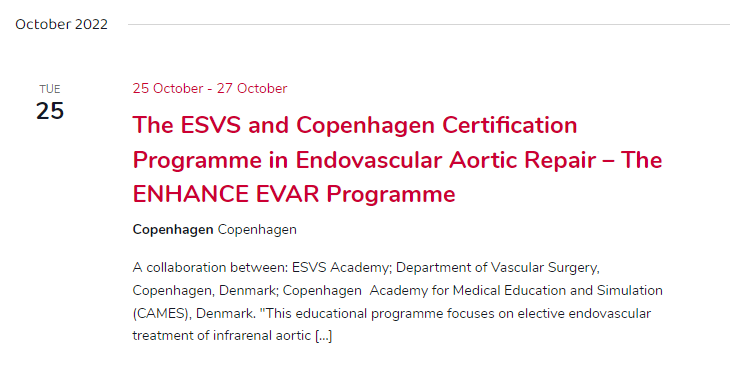 This program focuses on EVAR and is designed for novices and advanced beginners. The format is mixed e-learning and hands-on training. If you pass, you certified according to the validated standards used in Copenhagen”. esvs.org/event/esvs-and…