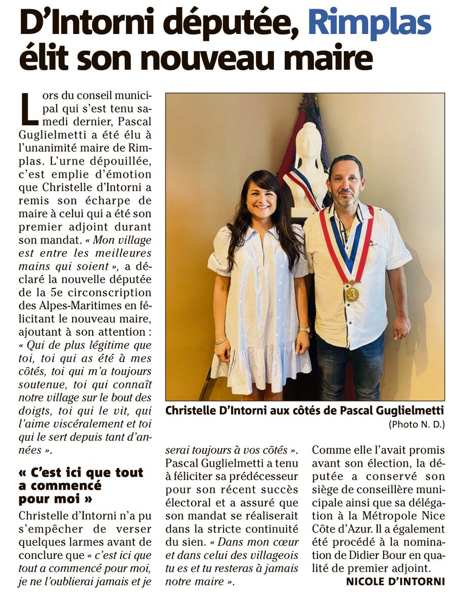 EtienneBaldit's tweet photo. Heureux hasard : un article de Nice Matin plutôt sympa pour la nouvelle députée LR Christelle d'Intorni, et sa succession pleine d'émotion à la mairie de Rimplas, signé par la journaliste... Nicole d'Intorni https://t.co/a5boC52hgo