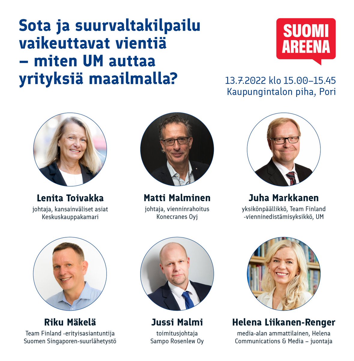 #SuomiAreena - panelistimme ovat timanttisia! 

💎 @ToivakkaLenita johtaa @K3FIN kansainvälisiä asioita. Hän on myös ex-ulkomaankauppa – ja kehitysministeri.

💎 @MattiMalminen on johtaja @Konecranes vastuualueinaan mm. vienninrahoitus, sanktiot ja vientivalvonta.