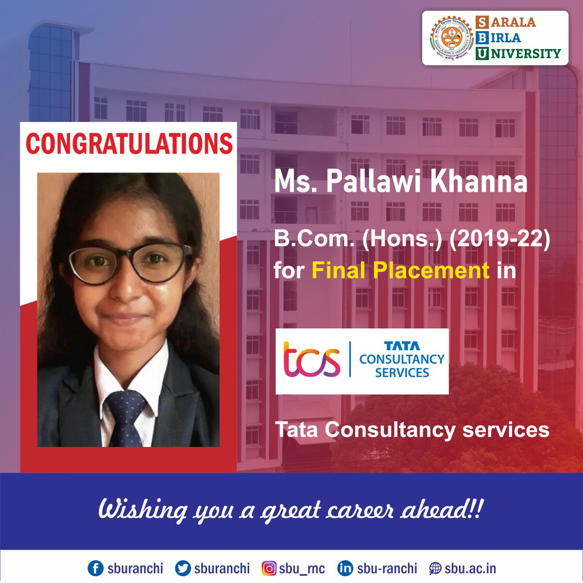sburanchi's tweet photo. Congratulations to Ms. Pallawi Khanna of https://t.co/2ivjIFgQsS. (Hons.) 2019-22 Batch for her Final Placement in Tata Consultancy Services.
#sbu #sburanchi #campusplacement #finalplacement #bcomplacement #bcom #tcs #TataConsultancyServices https://t.co/eVIiztF9lJ