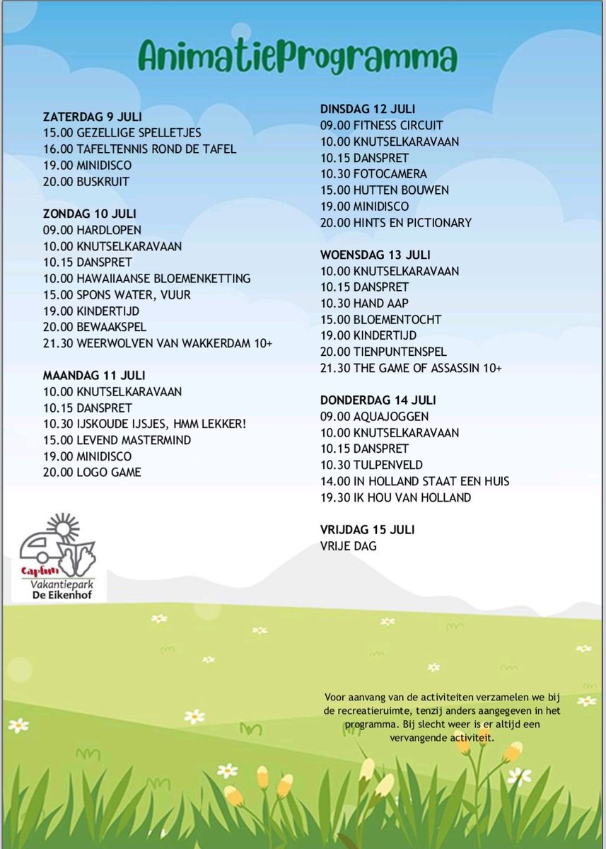 Vanaf morgen is het animatieteam weer op de camping. Het team heeft een leuk programma opgesteld, voor jong en oud. Doe jij ook mee? #weerribben #vakantie