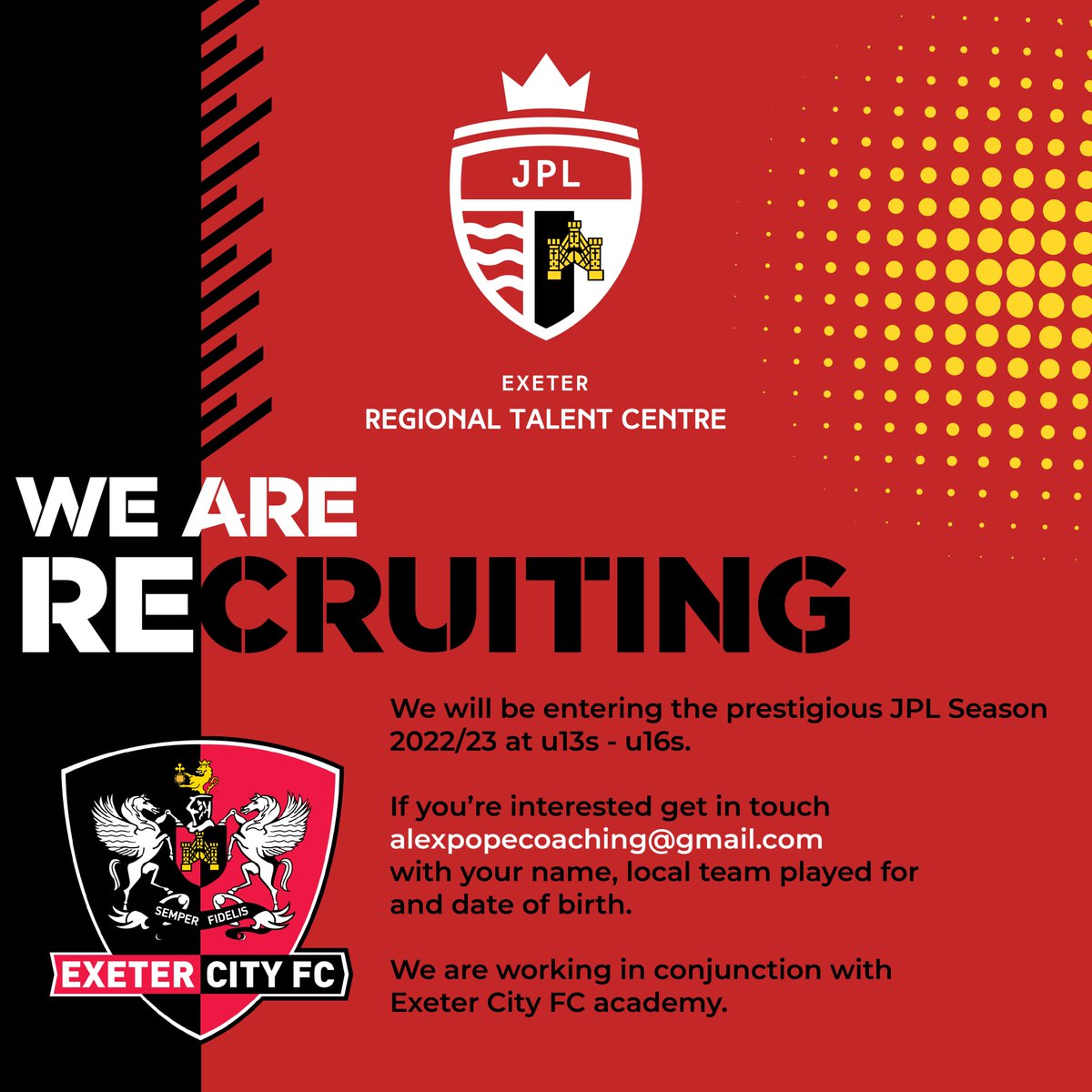 Exeter City FC (@officialecfc) on Twitter photo ⚽️ <a href="/exeter_rtc/">ExeterRTC</a> is launching soon to play in the prestigious <a href="/jpluk/">Junior Premier League</a> at under 13-16 level for season 22/23, working in conjunction with <a href="/ECFC_Academy/">Exeter City Academy</a>.
Register your interest via forms.office.com/r/fd7WRTtH8x
#ECFC #OneGrecianGoal ⚽️ <a href="/exeter_rtc/">ExeterRTC</a> is launching soon to play in the prestigious <a href="/jpluk/">Junior Premier League</a> at under 13-16 level for season 22/23, working in conjunction with <a href="/ECFC_Academy/">Exeter City Academy</a>.
Register your interest via forms.office.com/r/fd7WRTtH8x
#ECFC #OneGrecianGoal