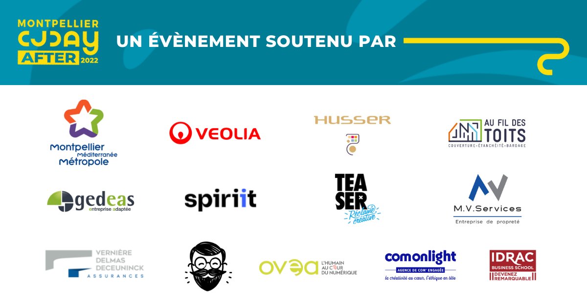 [ #CJDAYAFTER ]

Merci à nos partenaires <a href="/Montpellier3m/">Montpellier Métropole</a>, <a href="/Veolia/">Veolia</a>, Husser Traiteur, Au fil des toits, <a href="/Gedeas_LP/">GEDEAS</a>, <a href="/agence_spiriit/">Spiriit</a>, <a href="/AgenceTeaser/">Agence Teaser</a>, MV Services, Verniere Delmas Deceuninck Assurances, O C Bon, <a href="/oveaconnect/">OVEA L'humain au cœur du numérique</a>, <a href="/COM_ON_LIGHT/">COM ON LIGHT</a> et <a href="/IDRAC_BS/">IDRAC Business School</a> d’avoir soutenu le CJDAY-AFTER.