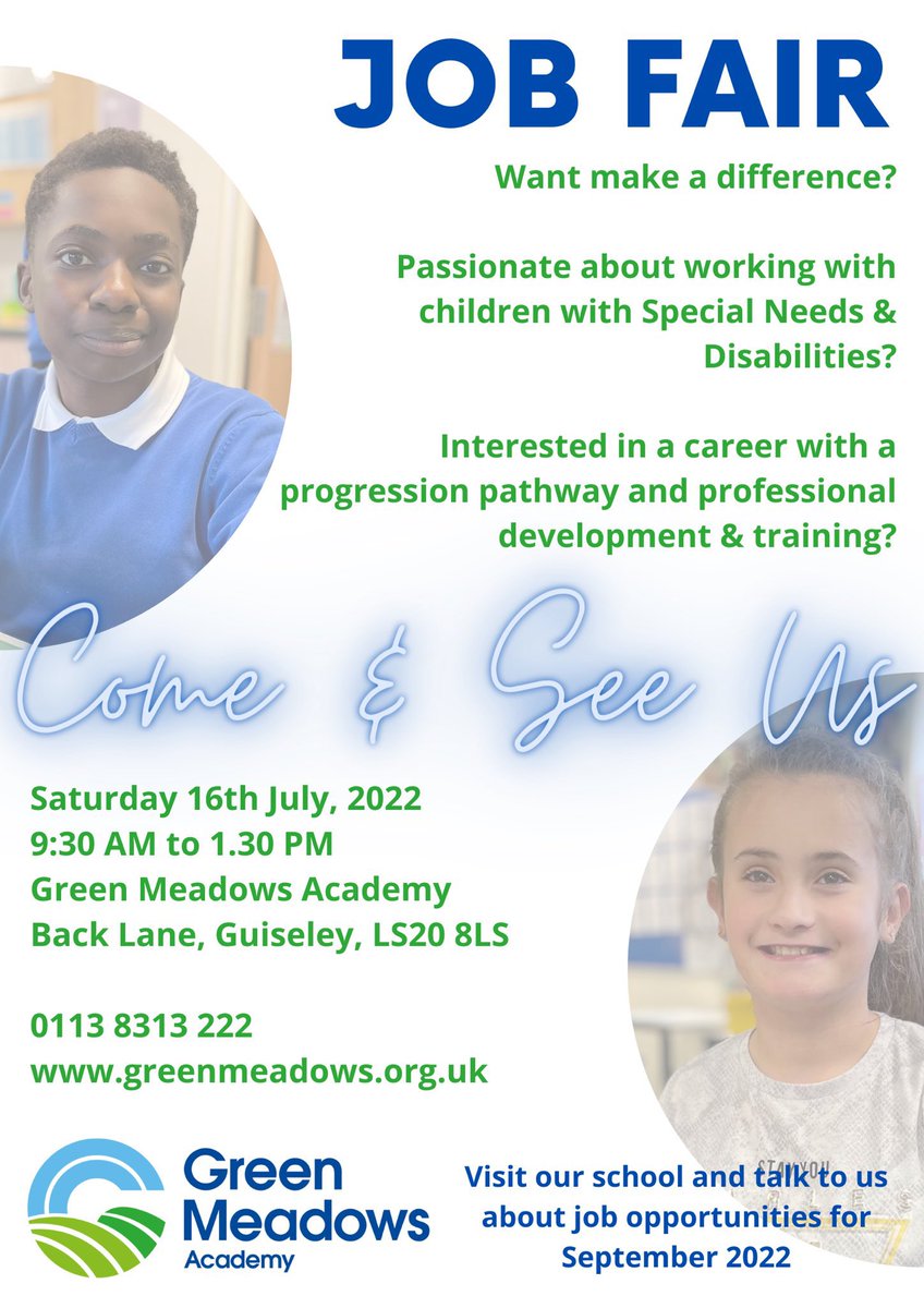 GreenMeadowsWAT's tweet photo. Interested in working at a fantastic special school in #Guiseley? Want to make a difference to the lives of children and young people with SEND? We have a number of roles available for September - come and see us at school on Saturday 16th July 9.30am - 1.30pm @WellspringAT https://t.co/xn8jtRE3AM