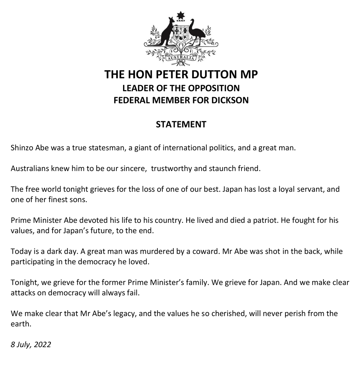 Hon_PeterDutton's tweet photo. Shinzo Abe was a true statesman, a giant of international politics, and a great man. https://t.co/AIgOlNeGWF
