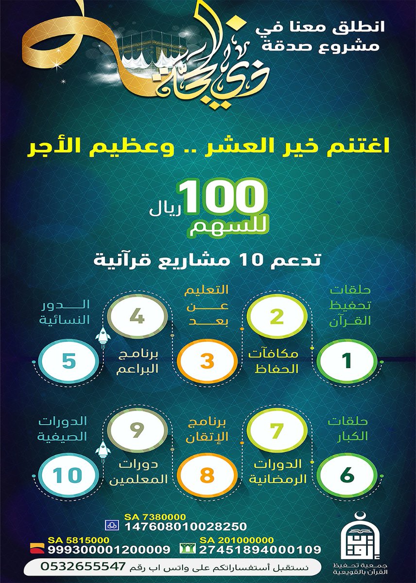 Tahfeedh1406's tweet photo. اليوم اج��معت الفضائل 
- الأيام العشر ..العمل الصالح فيها احب إلى الله..
- يوم عرفه خير يوم طلعت فيه الشمس ..
- يوم الجمعة خير أيام الأسبوع ..
-ساعة استجابه .. 
فساهم في تعليم كتاب الله ..فلك بكل حرف يتلى ويحفظ صدقة جارية .#القويعية #يوم_عرفة #قرآن_كريم #الرياض #صدقه_جاريه https://t.co/lrwogcCALi