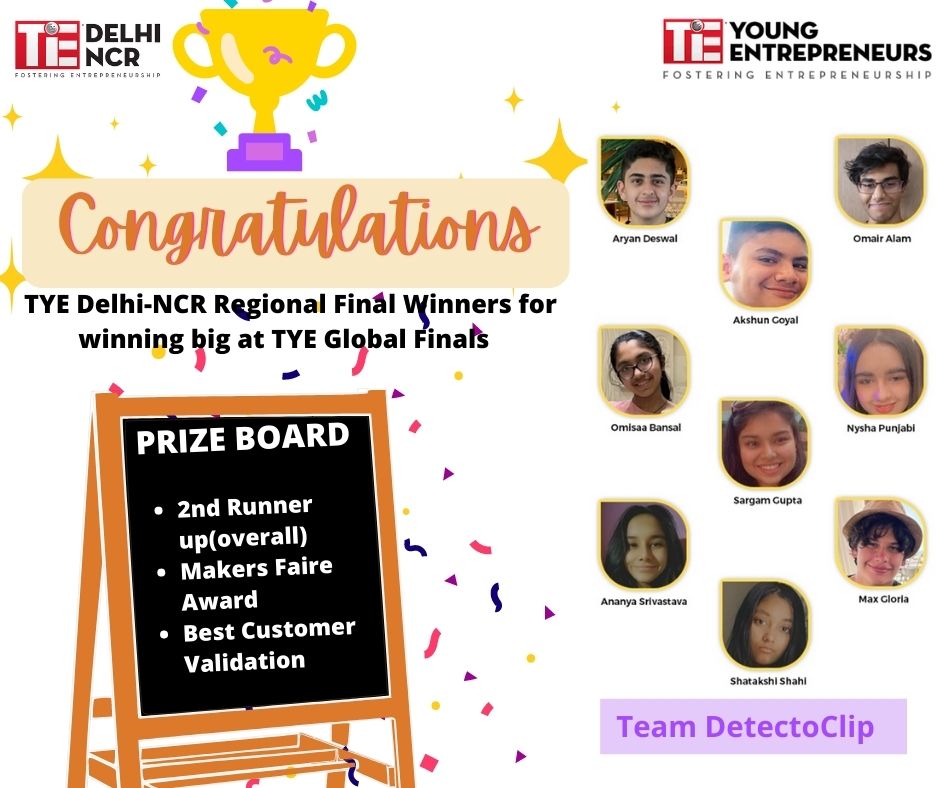 TiEDelhi's tweet photo. TYE Delhi-NCR Winning team -DetectoClip win big at TiE Young Entrepreneurs Global Finals. Here's a long list of the categories they won in
2nd Runner up
Makers Faire Award
Best Customer Validation
We're super proud of these young entrepreneurs for their stupendous achievement! https://t.co/e7NsyFyiUs