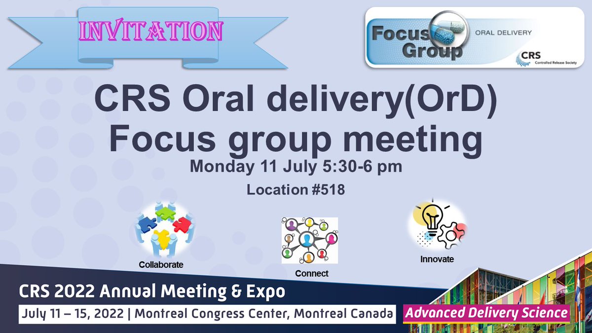 CRS Oral Delivery Focus Group (@crs_fg_oral) on Twitter photo You are invited to the first In-person networking event by the <a href="/CRS_FG_Oral/">CRS Oral Delivery Focus Group</a> <a href="/CRSScience/">Controlled Release Society</a> in Montreal 11 July 2022. Join us to connect, socialize and share ideas with peers and collaborators! You are invited to the first In-person networking event by the <a href="/CRS_FG_Oral/">CRS Oral Delivery Focus Group</a> <a href="/CRSScience/">Controlled Release Society</a> in Montreal 11 July 2022. Join us to connect, socialize and share ideas with peers and collaborators!