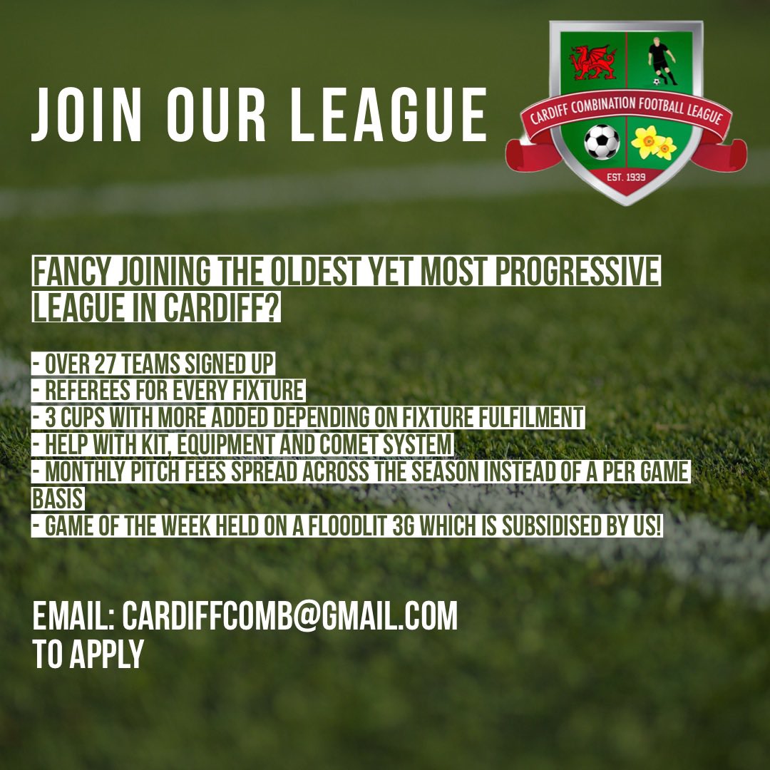 cardiffcomb's tweet photo. Interested in entering an 11 aside team into a football league? Why not come and join ours? @FAWGrassroots @SouthWalesFA #localfootball #joinaleague https://t.co/X0uU4JmJWH