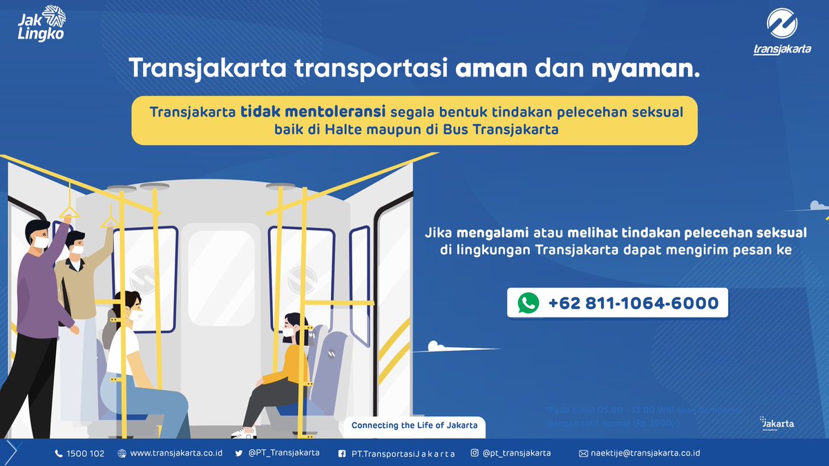 PT_Transjakarta's tweet photo. Sahabat TiJe, Transjakarta berkomitmen untuk memberikan layanan yang aman dan nyaman kepada seluruh pelanggan dan tidak mentoleransi segala bentuk tindakan pelecehan seksual baik di Halte maupun di Bus Transjakarta. https://t.co/A5ho6Hw21g