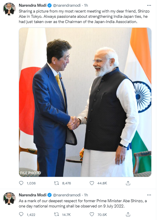 This is big respect of to #Japan from #India.
#PMModi announces one day #NationalMourning in respect of #ShinzoAbe 
This reflects the relation between India and Japan.
Rest In Peace 
RIP Sir
#ShinzoAbeShot 
#japanprimeminister