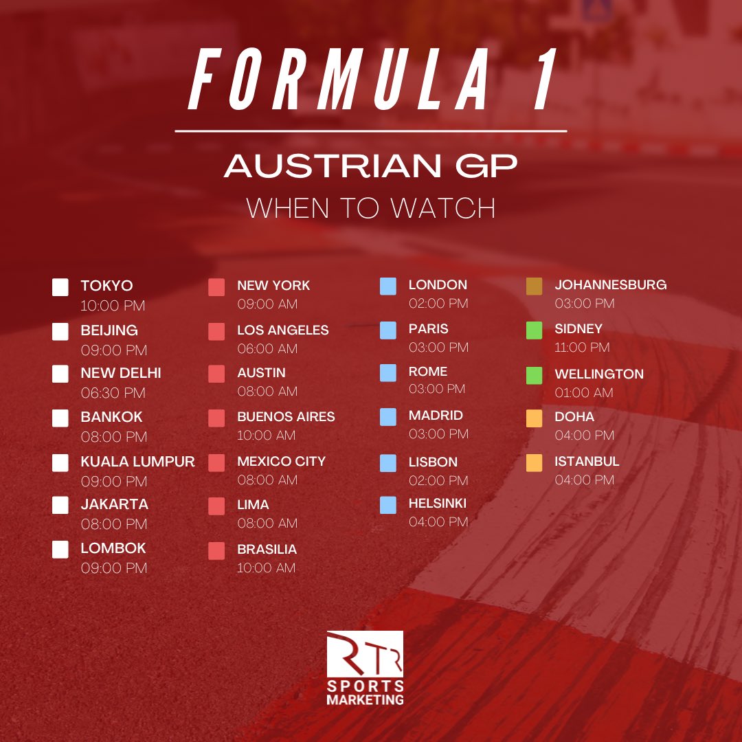 rtrsports's tweet photo. Don’t miss out @F1 this weekend!
Check our timetable and enjoy your race, planned for July 10th.
Are you ready?
#WhenToWatch #AustrianGP #Formula1 #F1 https://t.co/a6TwENv1ZR