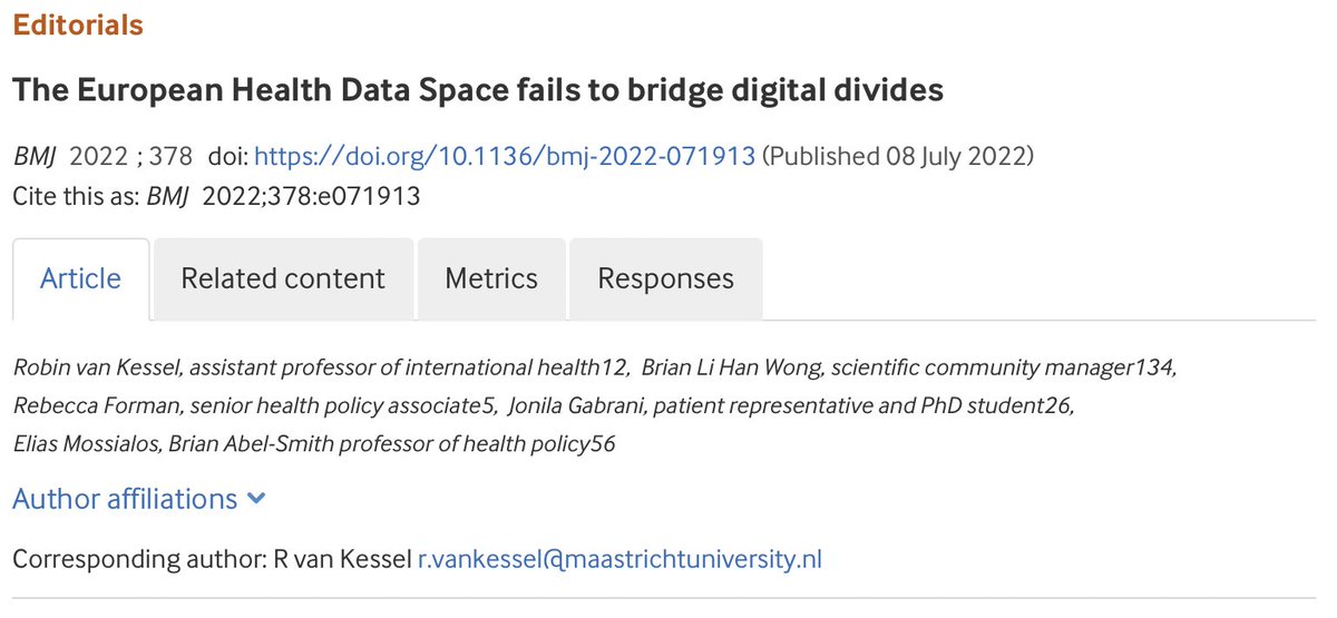 The #EuropeanHealthDataSpace fails to bridge #digitaldivides. In this article, we consider critical problems with the current form of the EHDS that can exacerbate existing inequalities.

Our latest publication is now out in <a href="/bmj_latest/">The BMJ</a>: bmj.com/content/378/bm…