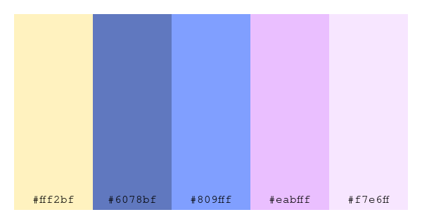 ColPaletteBot's tweet photo. Beep beep, here's a pretty color palette for you!
color-scheme.js parameters used:
- hue: 90
- variation: light
- colors: #fff2bf, #6078bf, #809fff, #eabfff, #f7e6ff
Have a lovely day!
#twitterbot #colorpalette #colors #palette #prettycolors https://t.co/IkV309Gh7J