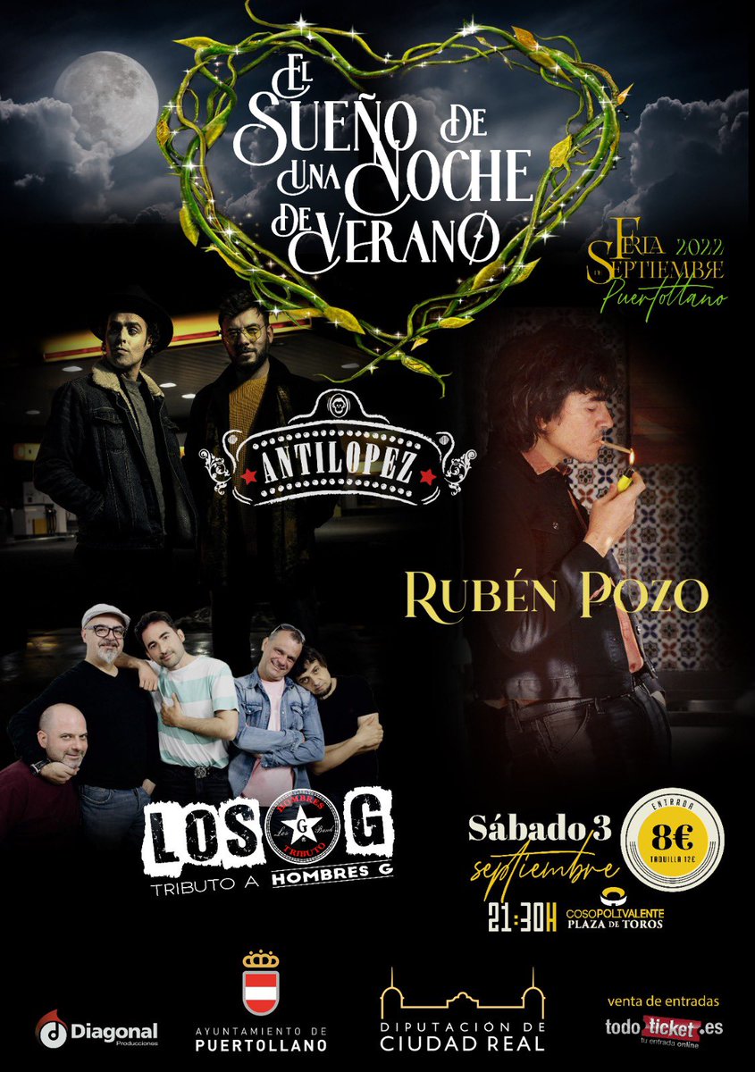 JESUSFABIAN2's tweet photo. Las fiestas de #Puertollano comenzarán con “ El sueño de una noche de verano “ con la leyenda del rock @RubenPozoPrats que vuelve a grandes recintos acompañado de los genios @antilopez y los incombustibles #LosG que complementarán a #ManoloGarcia y #MiguelPoveda https://t.co/TteEpEaRmu