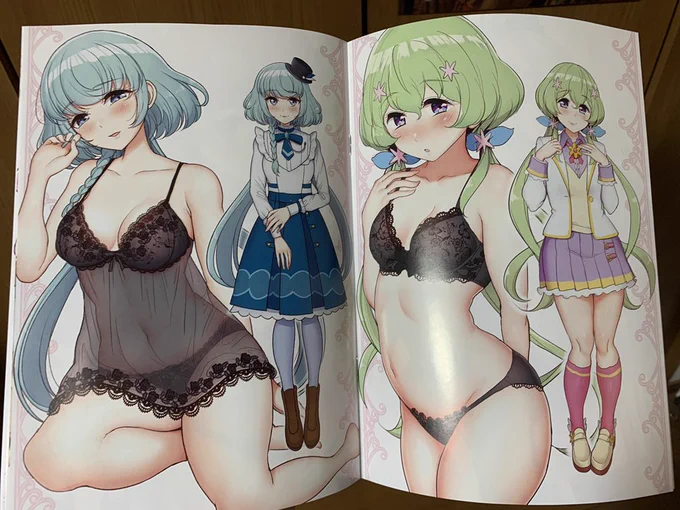 新刊はこんな感じです。ノドまでしっかり開けることを重視して今回は中綴じ製本にしました。高級感は薄れましたが下着パンフみたいで良いんじゃないでしょうか 